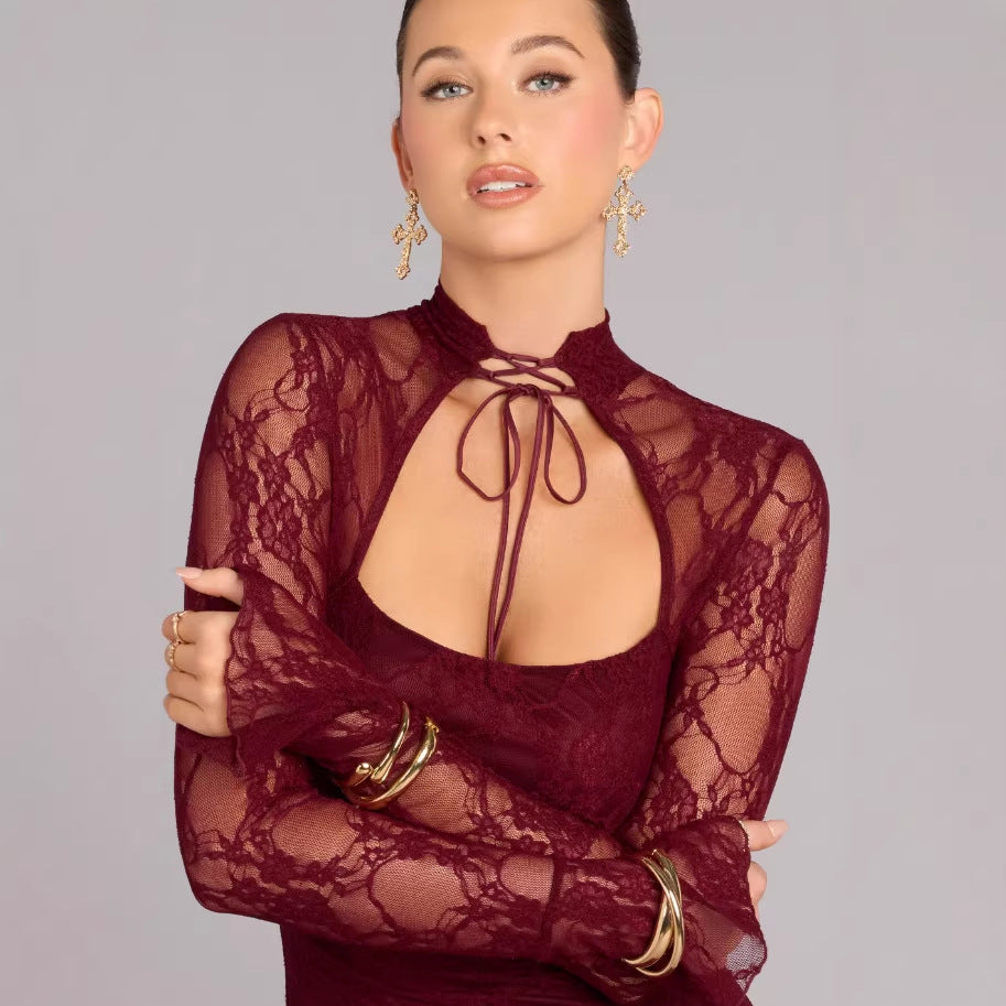Damen Spitzenminikleid mit hohem Kragen und raffinierten Cut-Out-Details EB