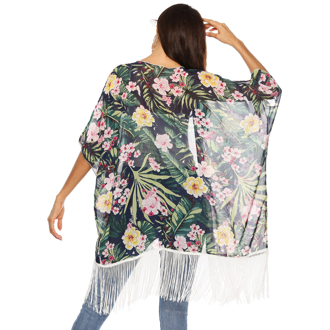 Damen Kimono mit floralem Design und Fransen EB