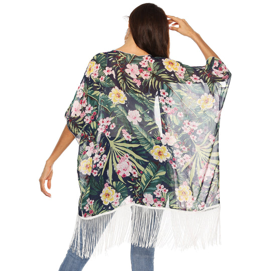 Damen Kimono mit floralem Design und Fransen EB