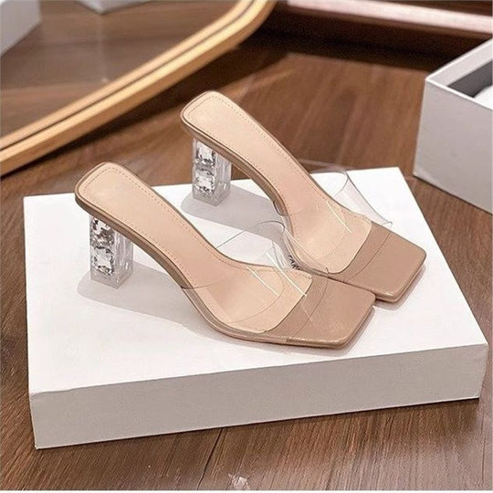 Damen Slingback Sandalen mit praktischem transparentem Riemendesign und funkelndem Blockabsatz EB