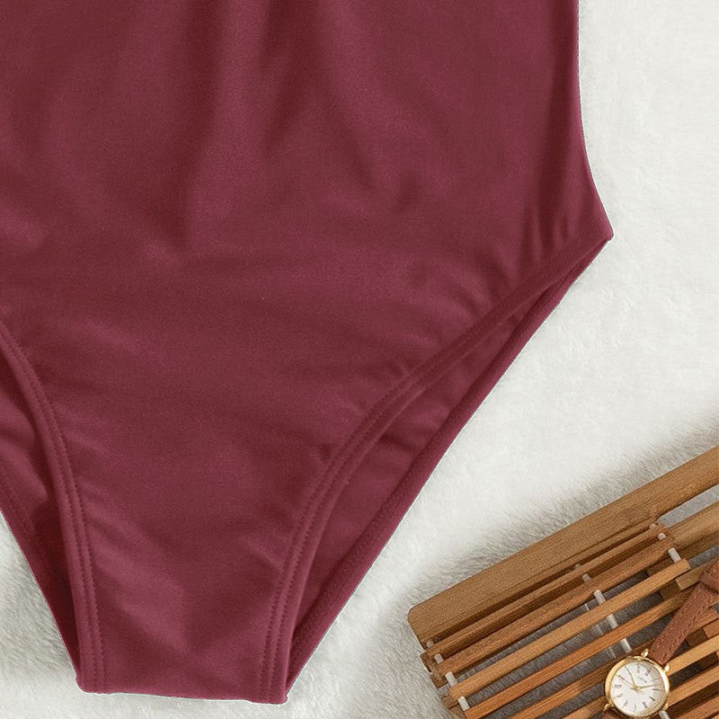 Damen Einteiler Badeanzug mit eleganten Kurzärmel und tiefem V-Ausschnitt EB