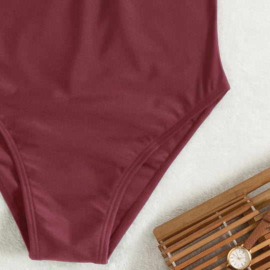Damen Einteiler Badeanzug mit eleganten Kurzärmel und tiefem V-Ausschnitt EB