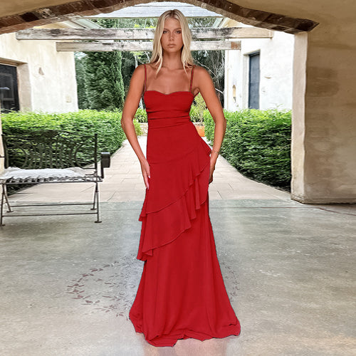 Damen elegantes Maxikleid mit voluminösem Rüschendesign EB