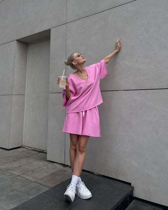 Damen lässiges Lounge-Set mit oversized Oberteil und Shorts EB