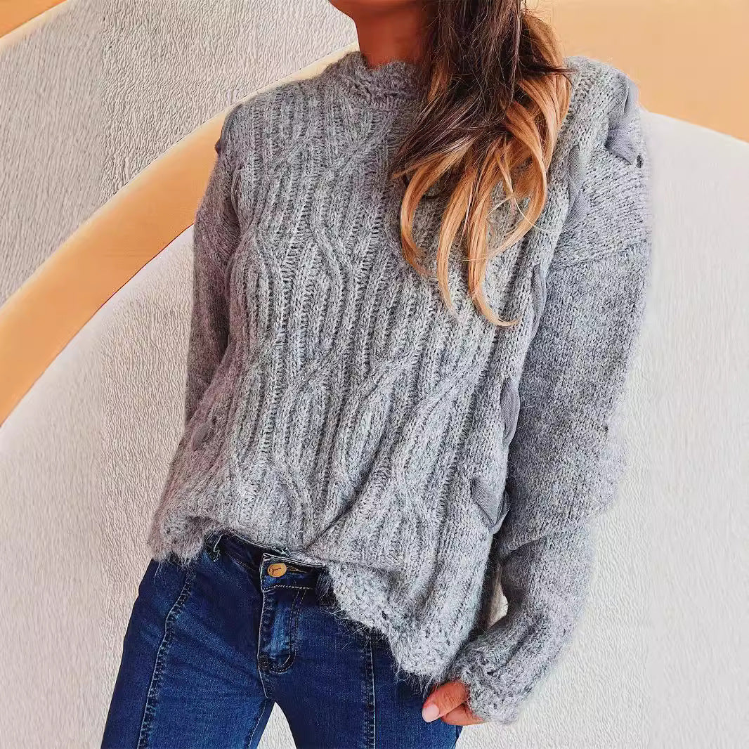 Damen Grobstrickpullover mit romantischem Wellenmuster und volumetrischen Ärmeln EB