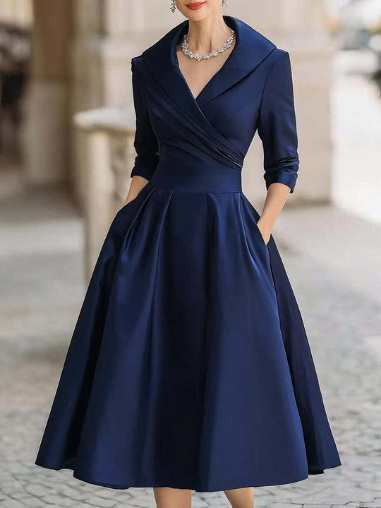 Damen nan elegantes Midikleid mit Wickeloberteil, Dreiviertelärmeln und Eingrifftaschen EB