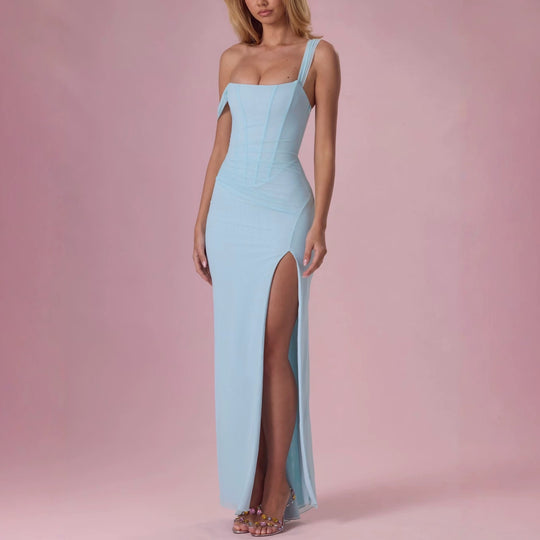 Damen Elegantes Maxikleid mit tiefem Schlitz und Rüschendetails EB