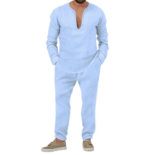 Herren lässiges Leinen-Outfit mit tiefem V-Ausschnitt und elastischem Bund EB