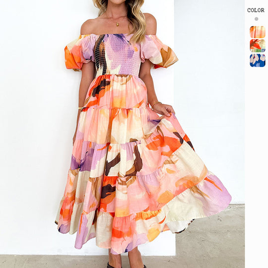 Damen Maxikleid mit Puffärmeln und floralem Smocking EB