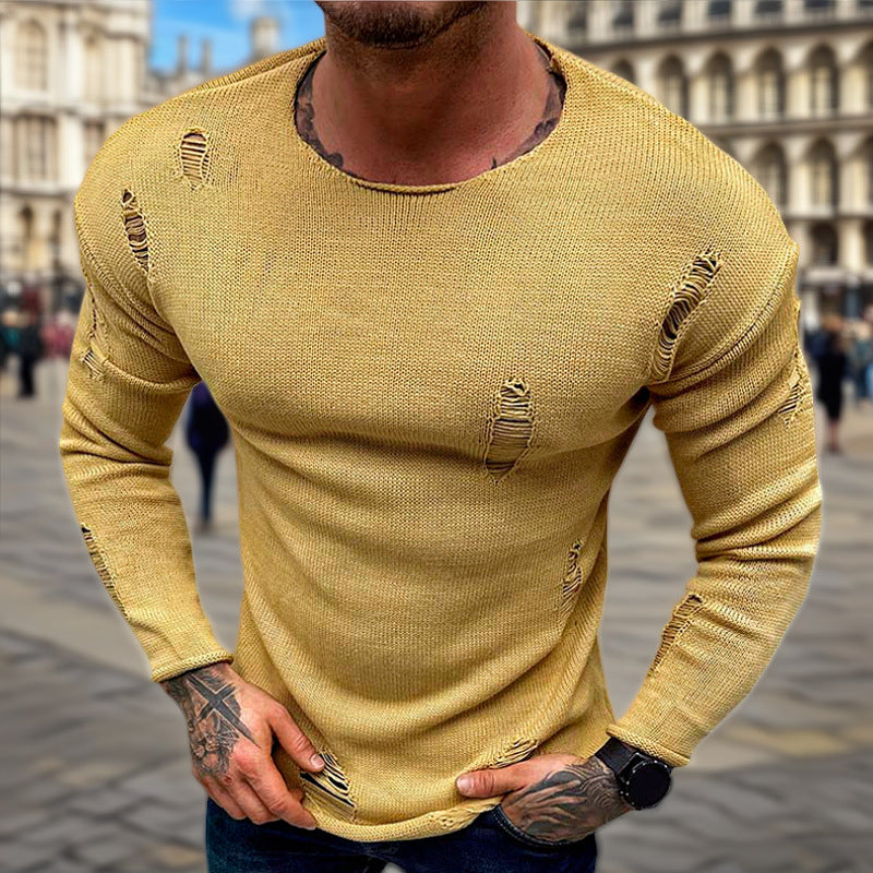 Herren Stylischer Rundhals Pullover mit ausgefransten Details EB