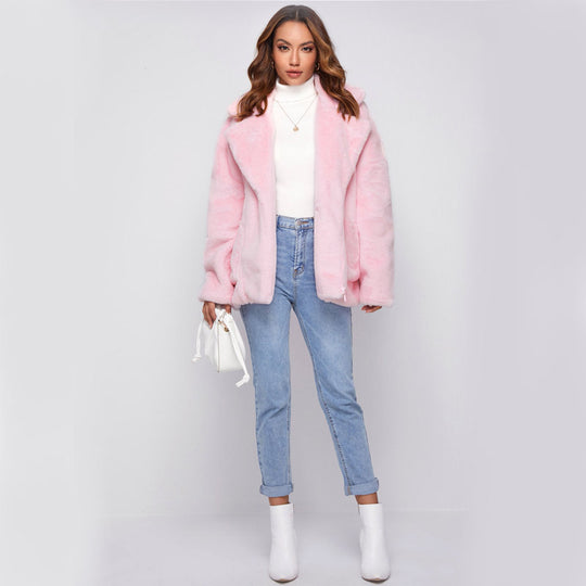 Damen Flauschige und stylische Freizeitjacke mit tiefem Reverskragen EB