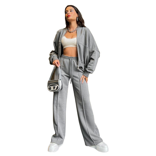 Damen lässiges Freizeit-Set aus weichem Sweatstoff mit hohem Kragen und weitem Schnitt EB