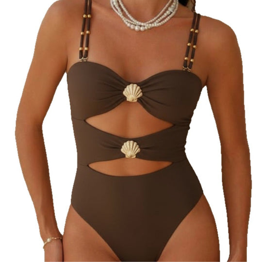 Damen Designer-Badeanzug mit Cut-Out-Details und Muschel-Applikation EB