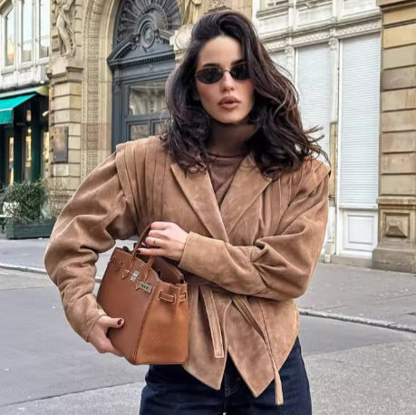 Damen nan taillierter Wildlederoptik Blazer mit Wickelgürtel und gerafften Schultern EB