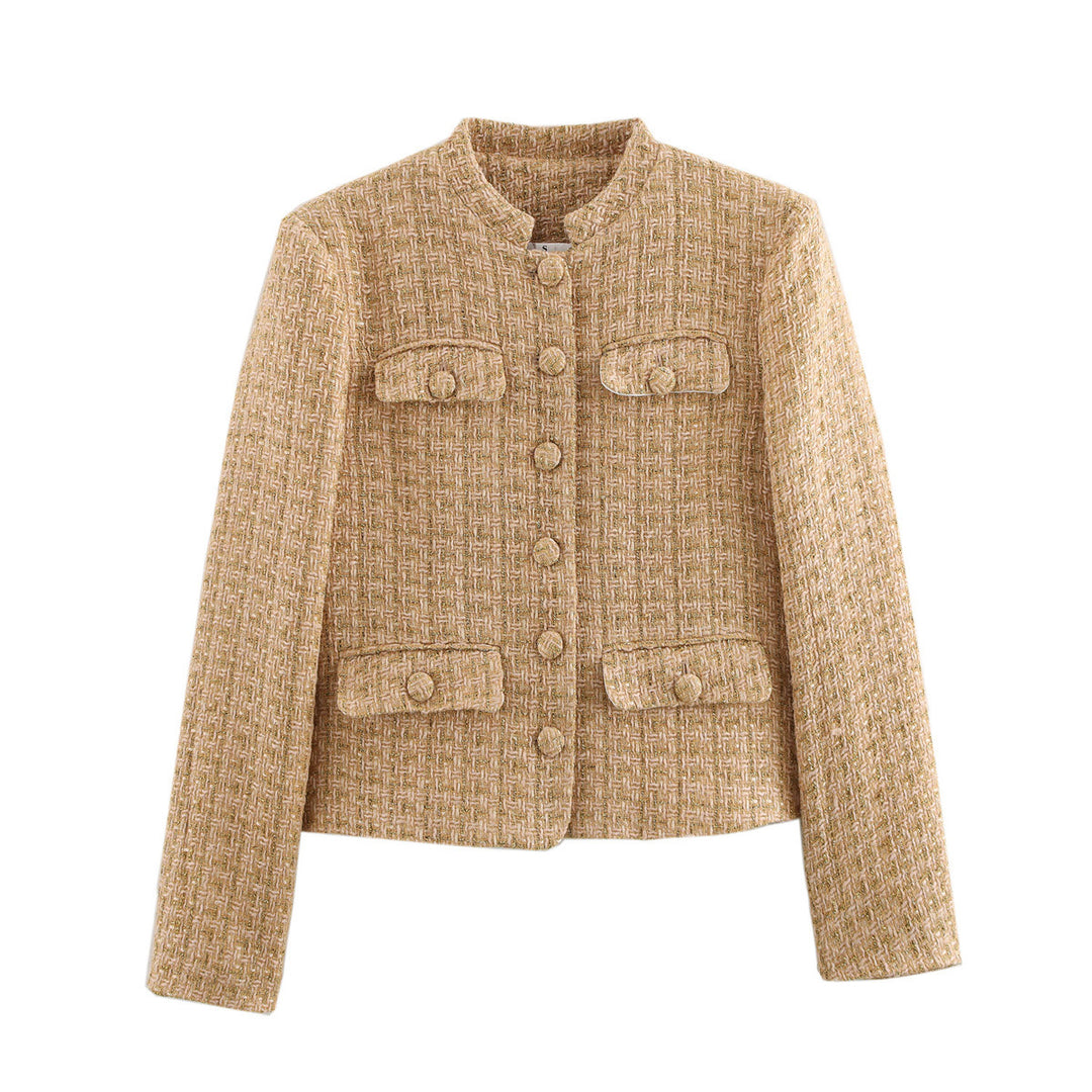 Damen elegante Blazerjacke im klassischen Tweed-Stil mit Knopfdetails EB