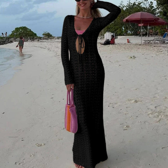 Damen luftiges Häkel-Strandkleid mit V-Ausschnitt und Schnüroptik EB
