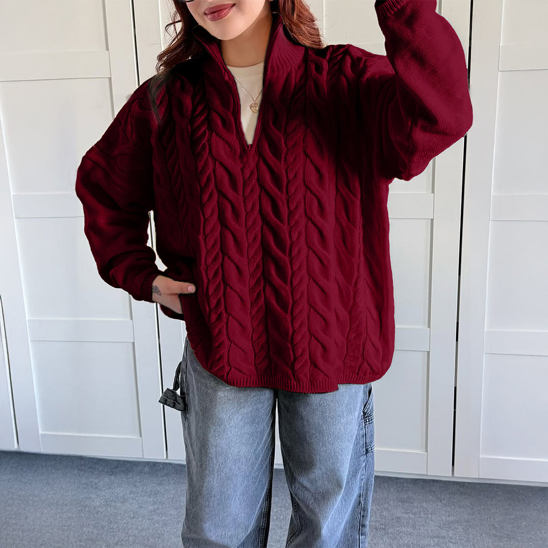 Damen nan oversized Zopfmuster-Troyer mit halbem Reißverschluss, hohem Stehkragen und gerundetem Saum EB