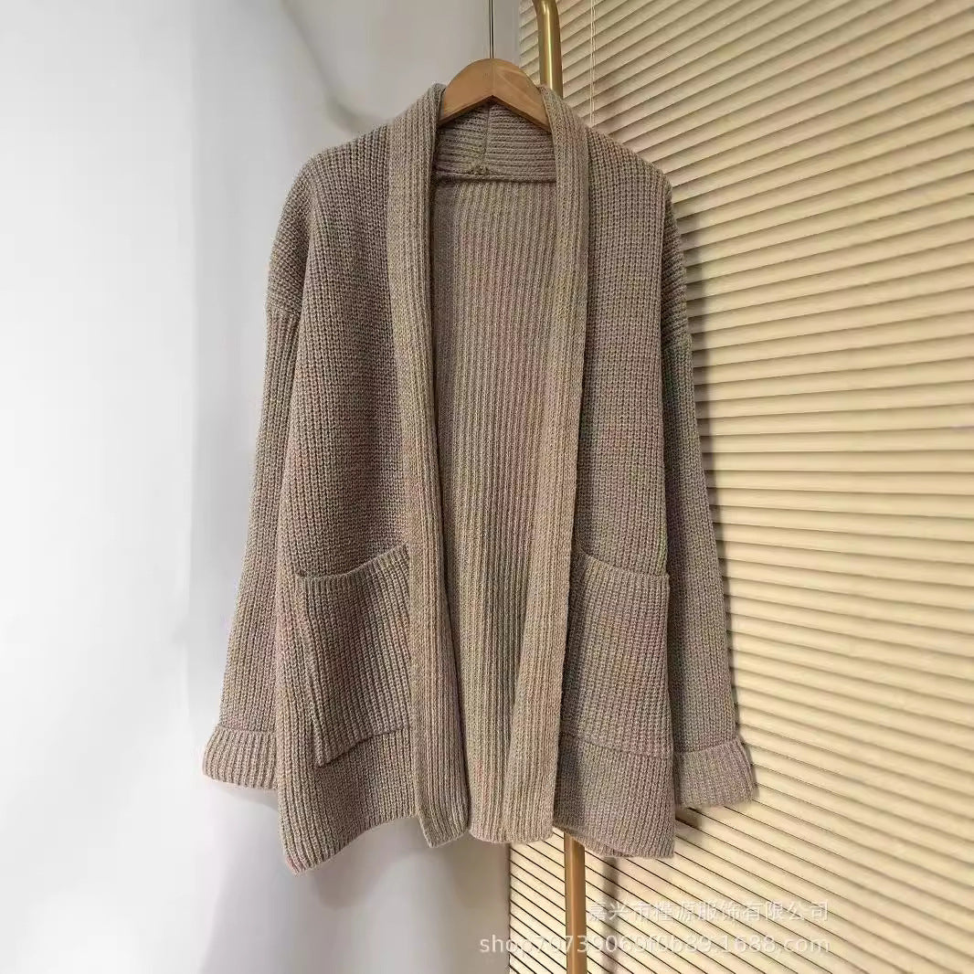 Damen Grobstrick Cardigan mit eleganten Revers und Taillengürtel EB