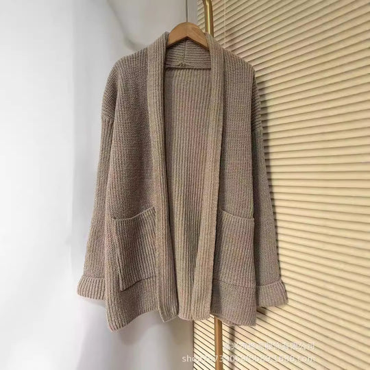 Damen Grobstrick Cardigan mit eleganten Revers und Taillengürtel EB