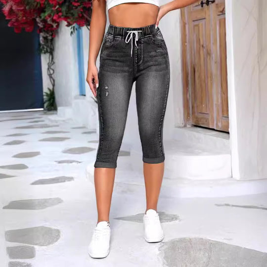 Damen lässige 3/4 Jeansleggings mit elastischem Bund und praktischen Taschen EB