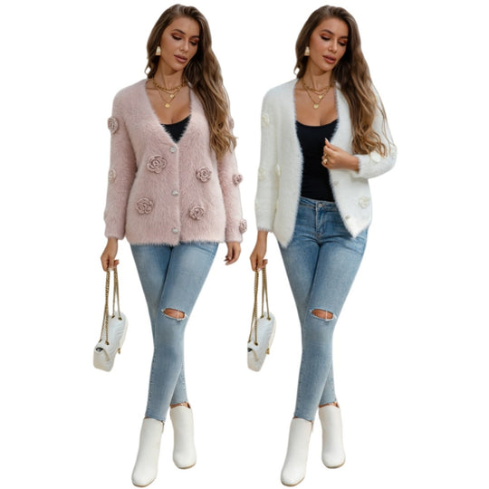 Damen weiche Strickjacke mit floralem Design EB