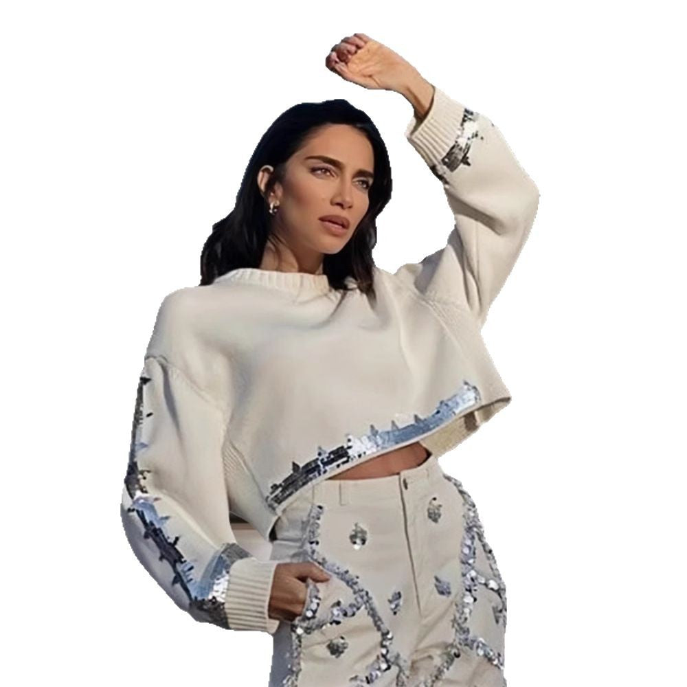 Damen modischer cropped Pullover mit Pailletten EB