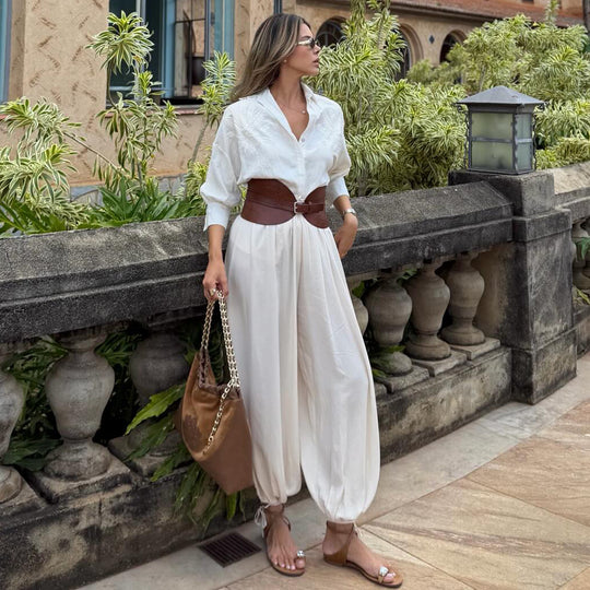 Damen voluminöser Jumpsuit mit eleganter Knopfbluse und Taillengürtel EB