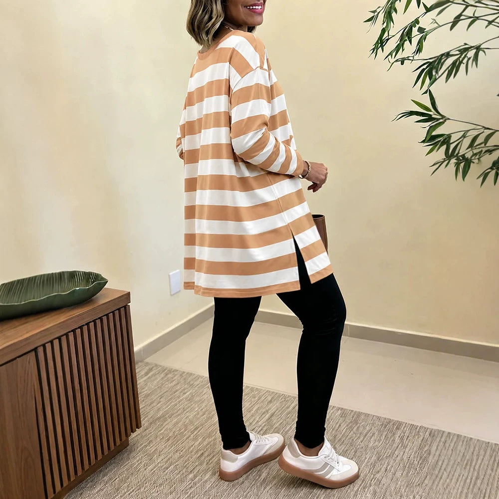 Damen Oversized Streifen-Longsleeve mit Rundhalsausschnitt und abgerundetem Saum EB