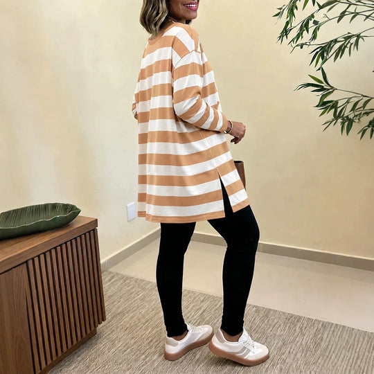 Damen Oversized Streifen-Longsleeve mit Rundhalsausschnitt und abgerundetem Saum EB