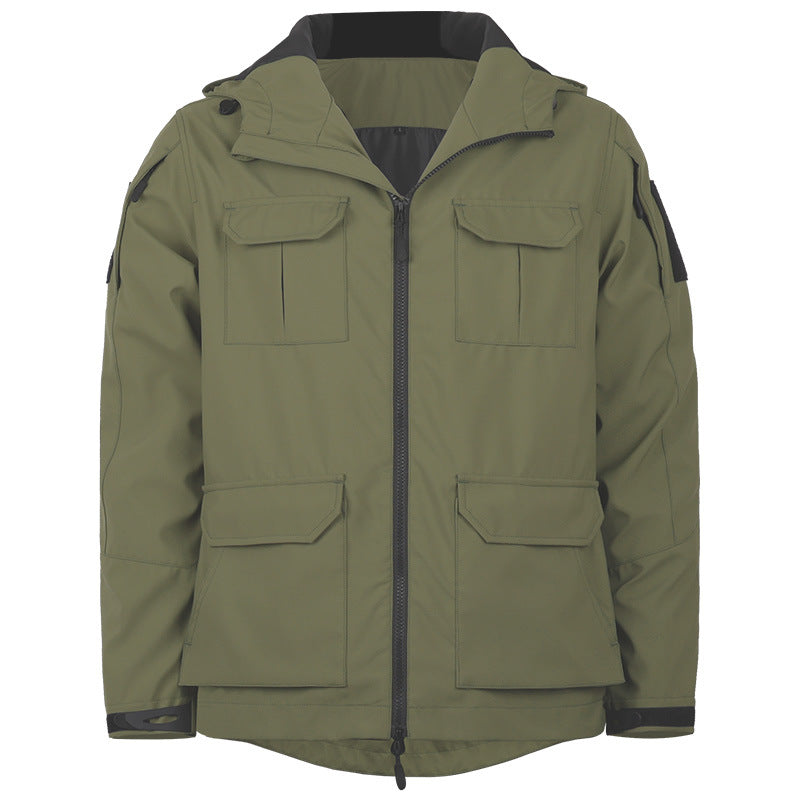 Men's  technical hooded utility field jacket with four flap cargo pockets and two-way zipper EB