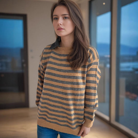 Damen lässiger Pullover mit strukturellem Streifenmuster und modischem Kragen EB