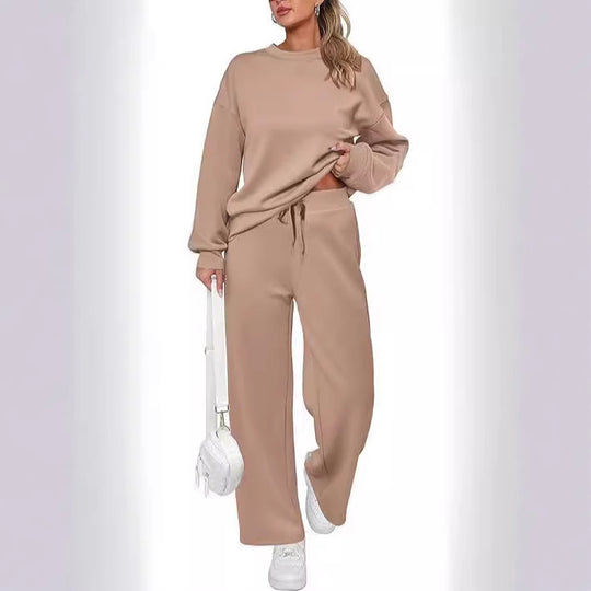 Damen nan zweiteiliges French-Terry Lounge-Set mit oversized Rundhals-Pullover und weitem Highwaist-Jogger EB