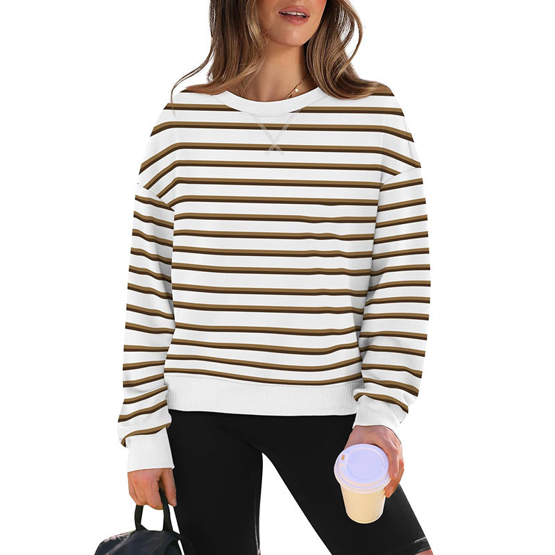 Damen lässiger Sweatshirt mit modernem Streifenmuster und Rundhalsausschnitt EB