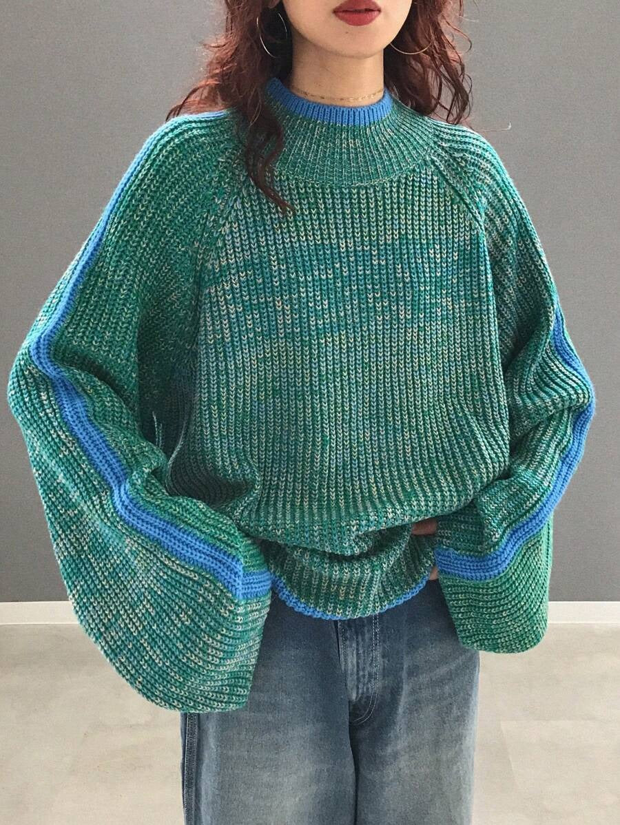 Damen lässiger Pullover mit gestricktem Strukturmuster und farblich abgesetzten Ärmelbündchen EB