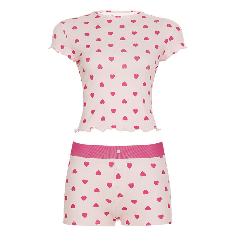 Damen Freizeitpyjama Set mit herzförmigem Design und elastischem Bund EB