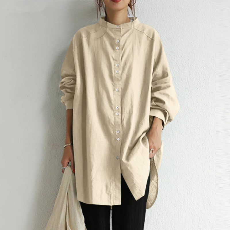 Damen nan lässige Oversize-Tunika-Hemdbluse mit Stehkragen, durchgehender Knopfleiste und seitlichen Schlitzen EB