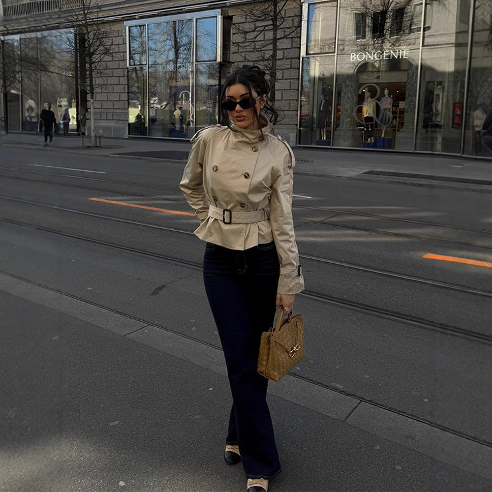 Damen Trenchcoat mit Taillengürtel und dekorativen Knopfdetails EB