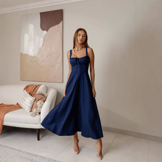 Damen Midikleid mit Bindegürtel und schwingendem Rock EB