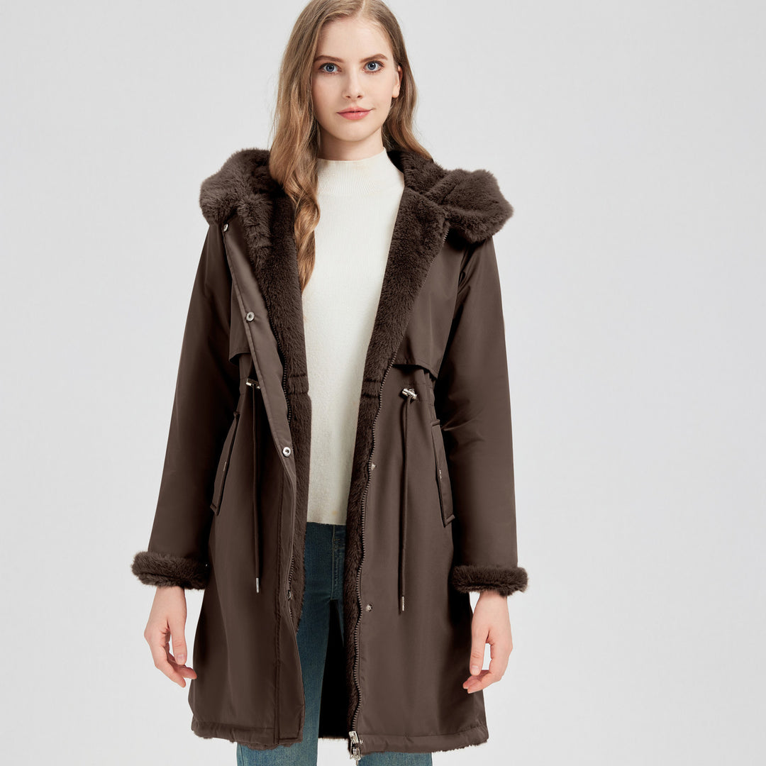 Damen Eleganter und warmer Parka mit abnehmbarem Kunstfellkragen und praktischen Schnürdetails EB