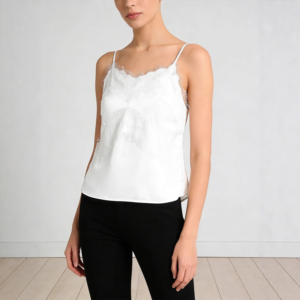 Damen zarte Spaghetti-Top mit raffiniertem Spitzenbesatz EB