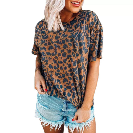 Damen lässiges Leoprint T-Shirt mit weichem Stoff und lockerer Passform EB