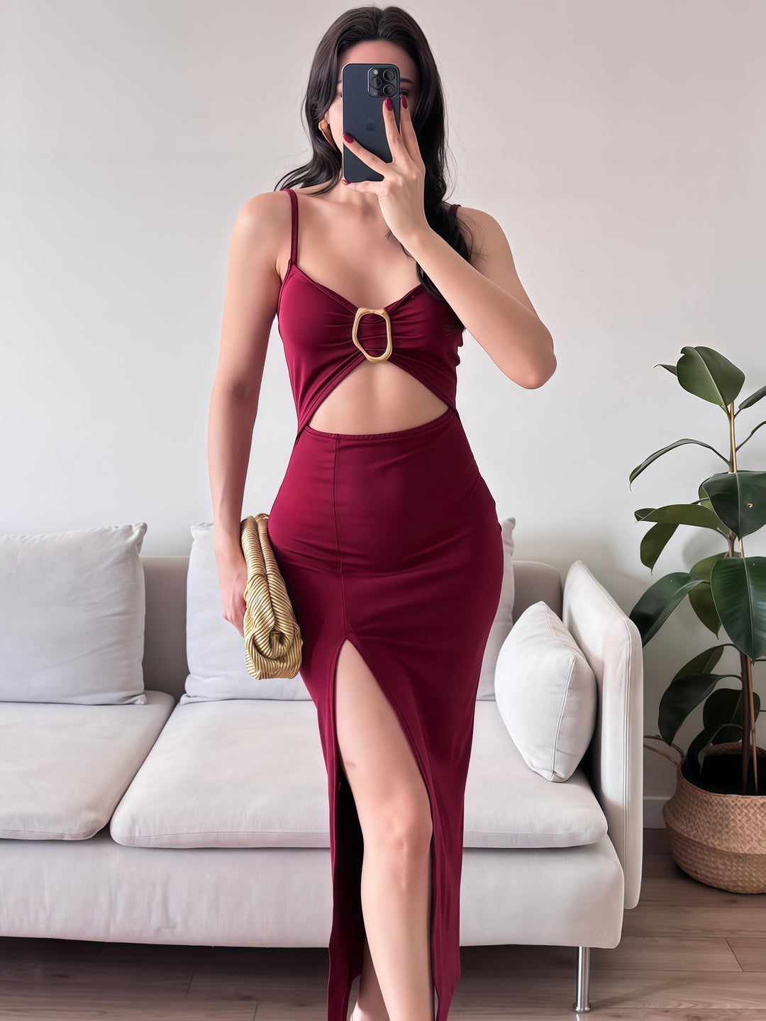 Damen Figurbetontes Maxikleid mit Cut-Outs und elegantem Gürtel EB