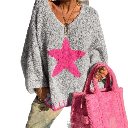 Damen Strickpullover mit V-Ausschnitt und auffälligem Sternenmuster EB