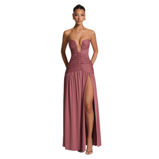 Damen Abendkleid mit tiefem V-Ausschnitt und eleganter Drapierung EB