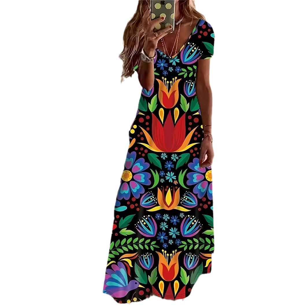 Damen Maxikleid mit stilvollem Blumen- und Tiermotiv EB