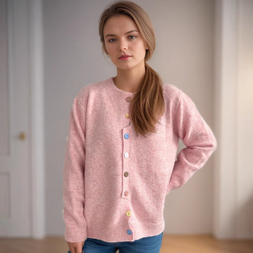 Damen kuschelige Strickjacke mit bunten Knopfdetails EB