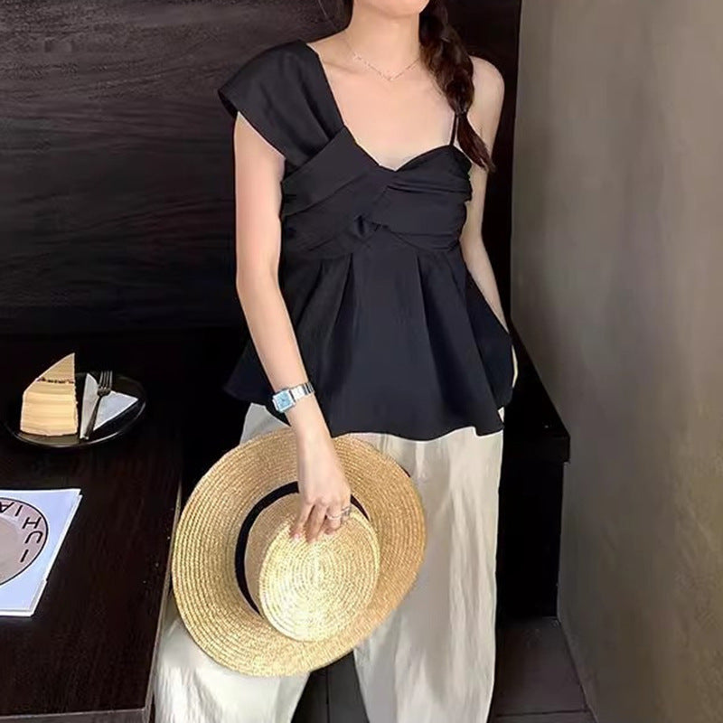 Damen Off-Shoulder Bluse mit modischen Drapierungen und verknotetem Detail EB