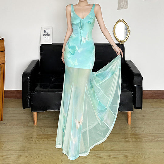 Damen Maxikleid mit transparenten Schichten und floralem Muster EB