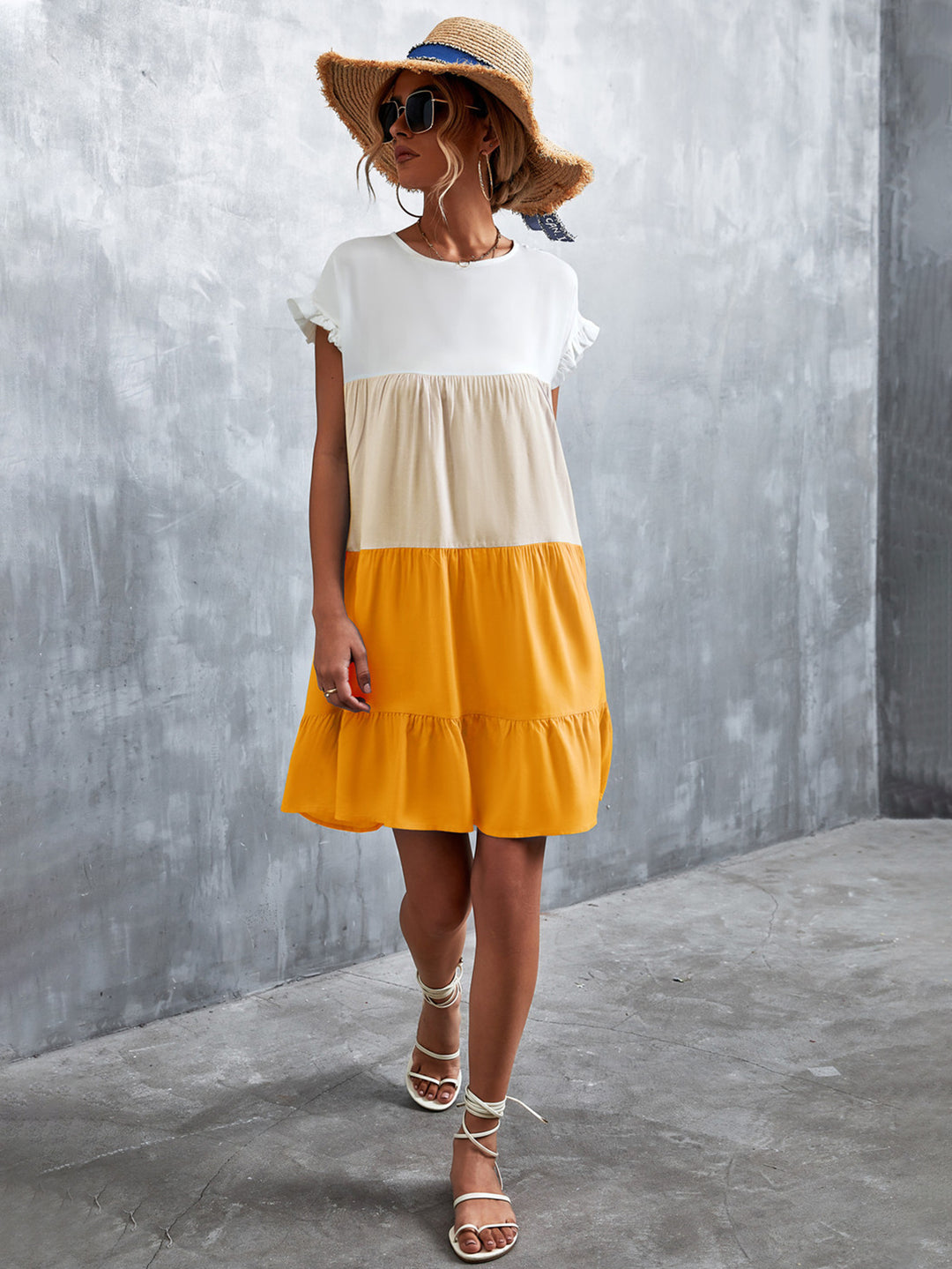 Damen lässiges Sommerkleid mit Rüschendetails und fließendem Schnitt EB