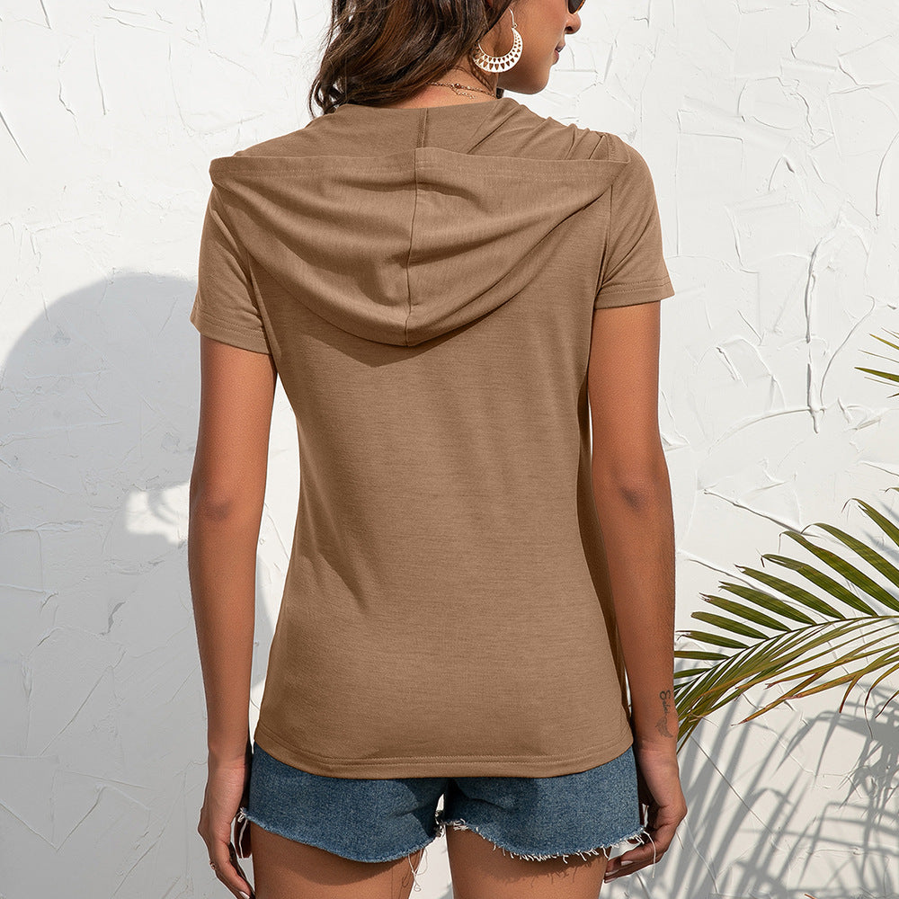 Damen Kurzarm Hoodie-Oberteil mit praktischen Taschen und Reißverschluss EB